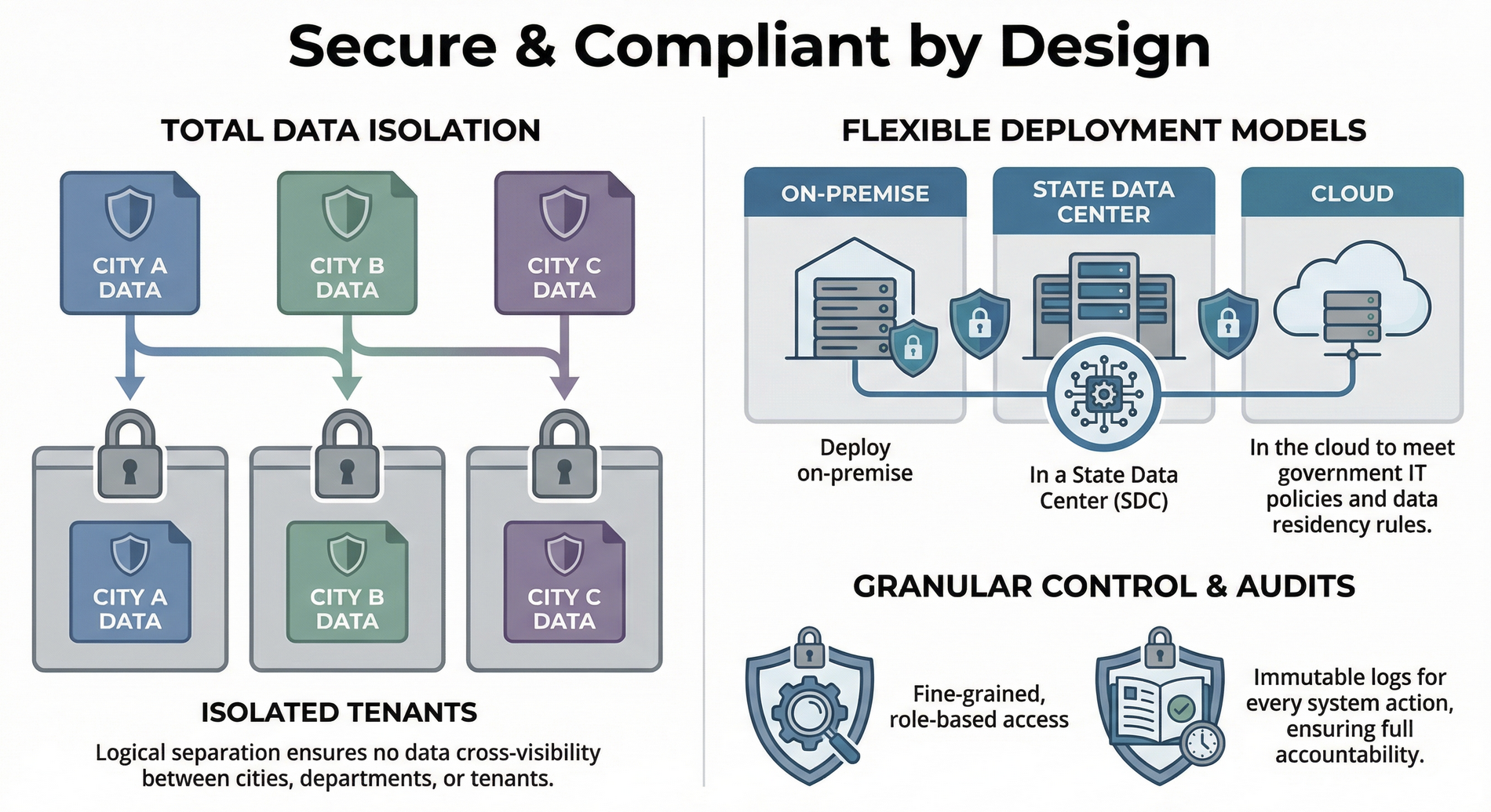 Security features: Total Data Isolation, Flexible Deployment Models, and Granular Control & Audits
