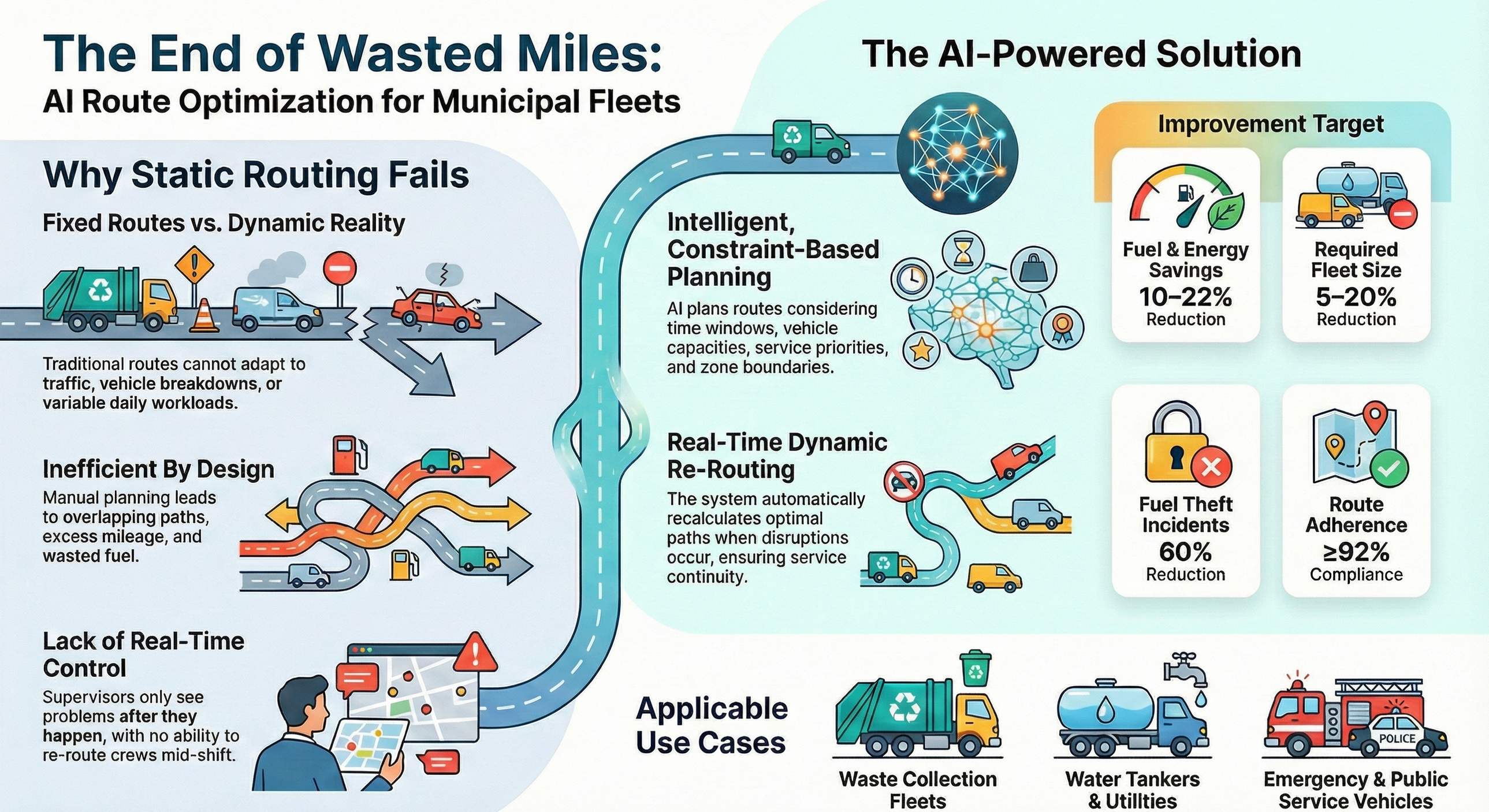 AI Route Optimization Infographic - The End of Wasted Miles showing static routing problems vs AI-powered solutions