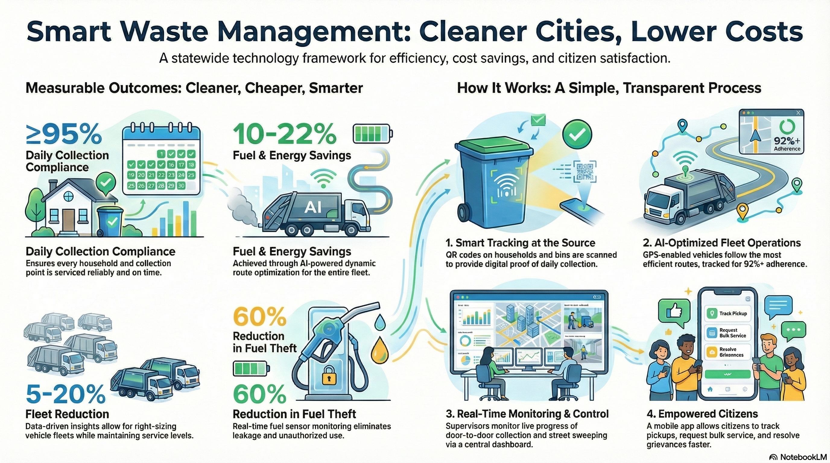 SWAMA Smart Waste Management Infographic - Cleaner Cities, Lower Costs with measurable outcomes and transparent process